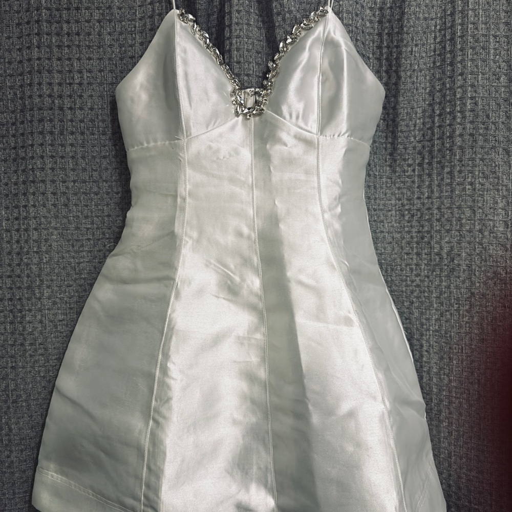 Silver Satin Mini Dress with Crystal Trim